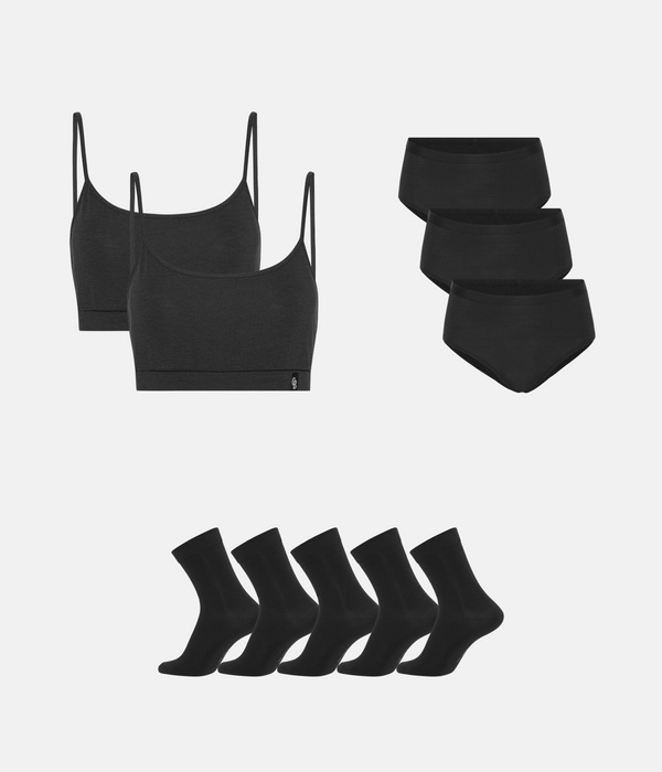 Bambupaket - BH & Maxitrosor & Strumpor - Svart